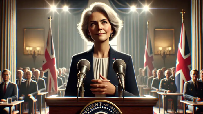 A transformational, compassionate, intellectual leader addresses her audience with empathy and authority.