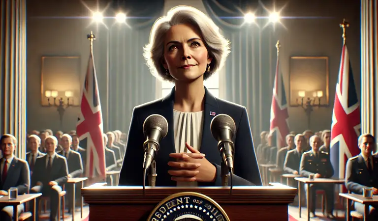 A transformational, compassionate, intellectual leader addresses her audience with empathy and authority.