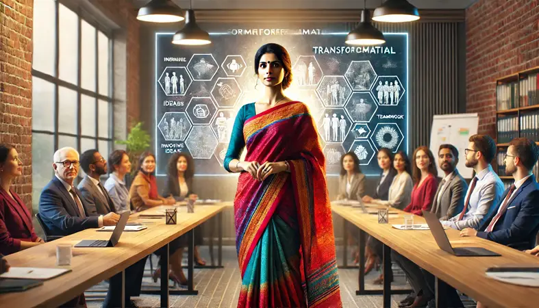 An Indian woman leader in a traditional saree, exuding confidence and transformational leadership