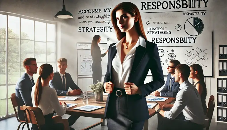 a woman leader exemplifying accountability and responsibility, demonstrating transparency and focus